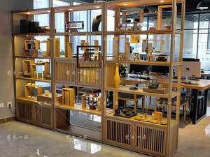 新中式精品展示架茶叶货架老榆木储物架茶具展示柜带灯光现货北京