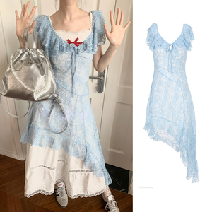 Shiitake蓝色氧气感蕾丝镂空大领不规则连衣裙CHENSHOP设计师品牌