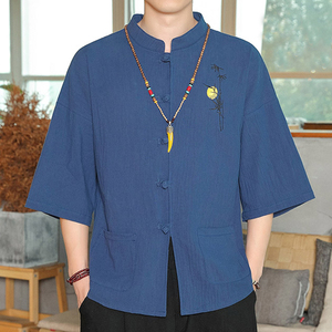 中国风刺绣男士唐装短袖亚麻t恤夏季薄款七分袖道袍上衣潮流衬衣