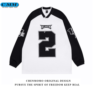 陈末末 美式国潮高街赛车数字印花长袖t恤女拼接撞色情侣宽松上衣