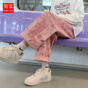 盐系日系ulzzang裤子男炸街痞帅hiphop垂感中性风穿搭粉色阔腿裤