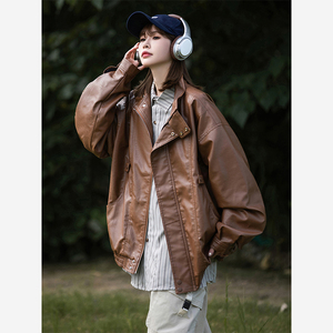 美拉德复古机车穿搭冷淡系外套pu皮褂子女春秋飞行员夹克棕色皮衣