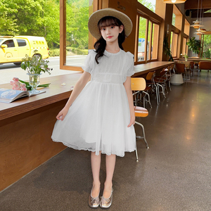 女童白色连衣裙夏季2024新款韩版儿童纱裙夏装演出服泡泡袖公主裙