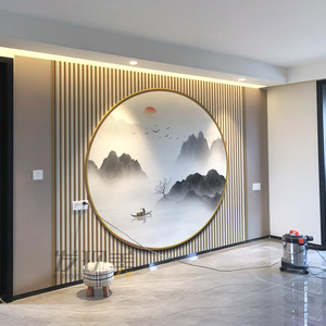 电视背景墙自粘墙贴壁纸格栅山水3d立体客厅沙发茶室装饰壁画墙布