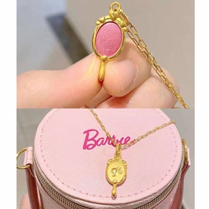 Βаnbe芭比镜子项链女胭脂粉少女心公主黄金吊坠18k金锁骨链个性