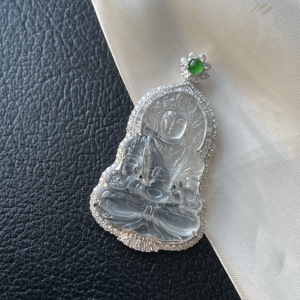 晚翠珠宝天然翡翠a货玻璃种黑钢度母18k白金镶嵌吊坠女款送证书