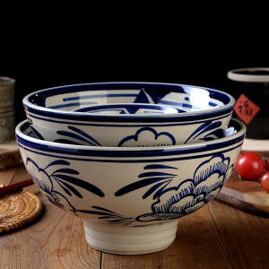 复古土陶牛肉拉面碗中式手绘青花高脚加厚防烫泡面碗特色大号汤碗