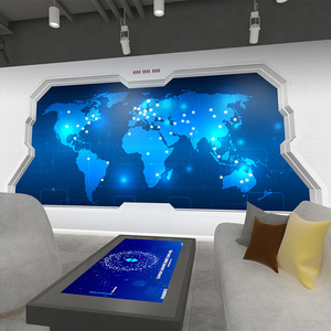 3d蓝色世界地图墙纸办公室前台logo新闻直播间背景墙壁纸科技感