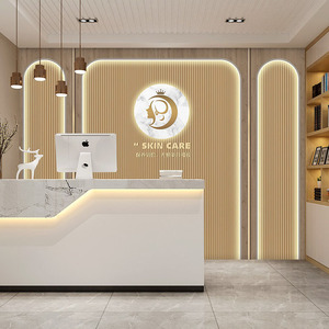 3d立体简约美容院墙纸轻奢风木纹大理石logo定制前台背景墙壁纸