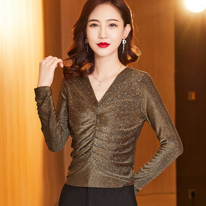 亮丝金丝打底衫女低领沙衣春秋薄款网纱小衫秋衣时尚洋气外穿上衣