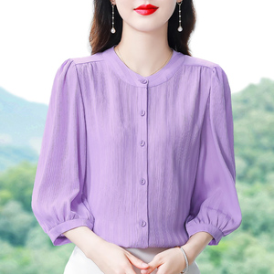 七分袖雪纺衫女衬衫中袖紫色上衣女士夏季2024新款小衫洋气遮肚子