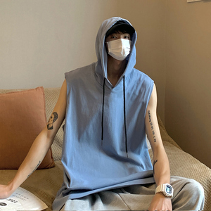 雾霾蓝连帽篮球背心男士夏季oversize重磅卫衣无袖坎肩t恤男汗衫