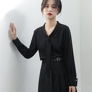 黑色飘带雪纺衬衫职场轻熟风女装上班族面试穿搭配半身裙的上衣春
