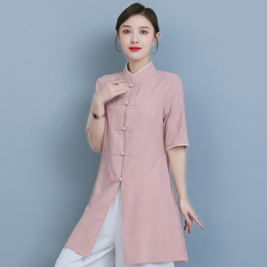 2024中国风春季新款复古禅意茶服女式中长款短袖显瘦上衣