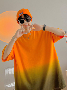 刘耀文同款扎染渐变色t恤vintage高级感重磅精梳棉橙色短袖男潮牌