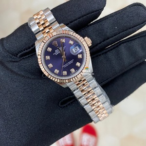 【环球】劳力士日志玫瑰金间金28钻刻度紫色机械女表279171五珠带