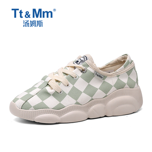 Tt&Mm/汤姆斯女鞋夏季韩版格子帆布鞋软底小熊鞋系带休闲老爹鞋