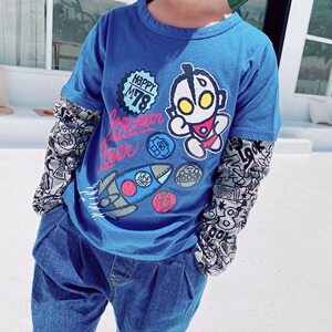 2020秋季新款 男女儿童灰蓝拼接奥特曼花臂袖假两件长袖t恤打底衫