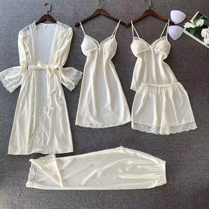 日本JULIPET睡衣女性感五件套装丝绸薄款睡裙夏冰丝女睡袍带胸垫