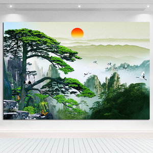 迎客松旺宅贴画自粘旭日东升山水画招财中堂风水画有山无水靠山图