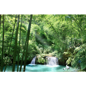 竹子自然景观小溪流水仙鹤池塘绿色护眼风景画海报房间墙贴画挂画