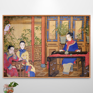 闺中听琴图古代人物弹琴画古筝古琴教室挂画新中式装饰画仿古壁画