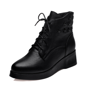 佰莉文女鞋月牙儿专柜正品牌女兆秋冬季新款真皮马丁靴坡跟短靴子