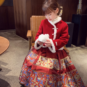 女童马面裙套装小女孩中国风汉服套裙冬装2024新款儿童红色新年装