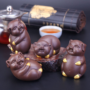 紫砂茶宠福气猪创意生肖福猪可爱茶玩吉祥雕塑茶盘摆件福禄寿喜