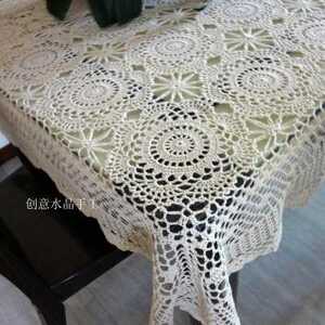 手工钩针钩花餐桌布 美式纯棉钩织镂空布艺田园台布 长方形白米.