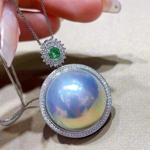 天然星空蓝马贝珍珠吊坠 20-21mm 18k金钻石 祖母绿镶嵌