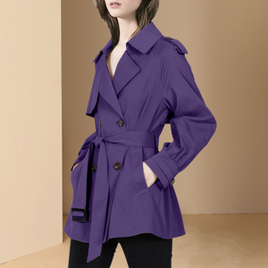 欧美名媛秋装2021新款时尚流行紫色中长款风衣外套女系带收腰上衣