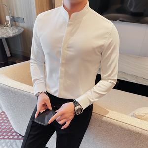 立领衬衫男士长袖2024年新款新中式国风男装痞帅高级感白衬衣男款