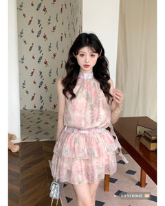 套装女韩系少女风甜美碎花无袖背心夏季高腰雪纺蛋糕半身裙两件套