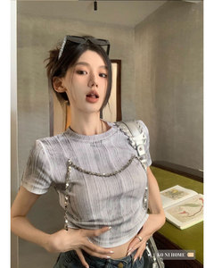 t恤女韩版时髦亮片流苏装饰设计感圆领短袖春季复古条纹短款上衣