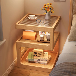 床头柜置物架全实木原木家用卧室新款带灯床边储物柜替代品置物台
