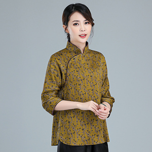 原创中式复古真丝珍珠缎香云纱上衣桑蚕丝七分袖立领唐装偏襟外套