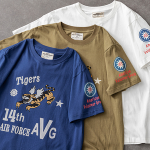 二战飞虎队印花200g纯棉t恤 短袖重磅阿美咔叽复古军事风体恤潮男