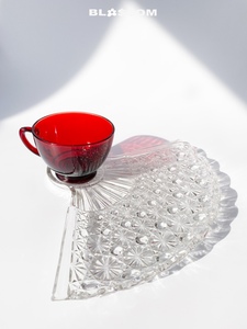 中古杯Anchor Hocking宝石红玻璃咖啡杯甜品碟扇子