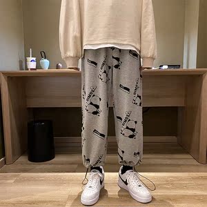 官网万耐克斯特熊猫印花卫裤男嘻哈宽松运动裤秋冬款抽绳束脚裤加