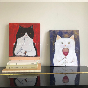 喝咖啡红酒的猫 文艺萌猫 小众艺术装饰画简约客书房挂画道