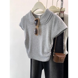 奢侈一线品牌折扣女装灰色娃娃领韩版夏季设计感短款针织短袖t恤