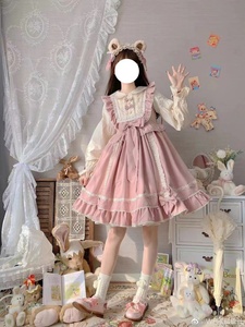 夏季原创Lolita裙大童甜美可爱洋装洛丽塔纯色假两件套派对粉裙子