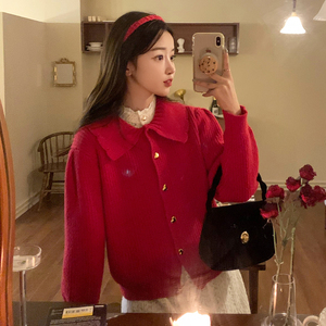 陈洁kiki圣诞红色毛衣外套女甜美polo领针织开衫中江大表姐服装店