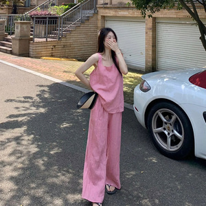 韩版粉色棉麻套装女2024夏季小个子时尚盐系背心上衣阔脚裤两件套