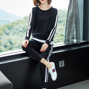 冰丝针织衫女2019春装新款长袖薄款休闲运动套装韩版时尚两件套潮