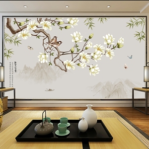 新中式电视背景墙壁纸3d客厅沙发影视墙布玉兰花鸟图手绘墙纸壁画