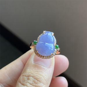 天然翡翠冰种紫罗兰葫芦戒面18k金镶嵌女款玉紫色戒指0102