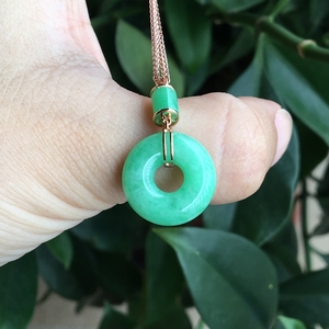 天然a货翡翠平安扣吊坠糯种满绿色阳绿玉扣圈挂件18k金镶嵌女坠子