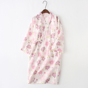春夏全棉纱布和服睡袍长袖棉麻睡裙女日式花朵和风汗蒸服浴衣浴袍